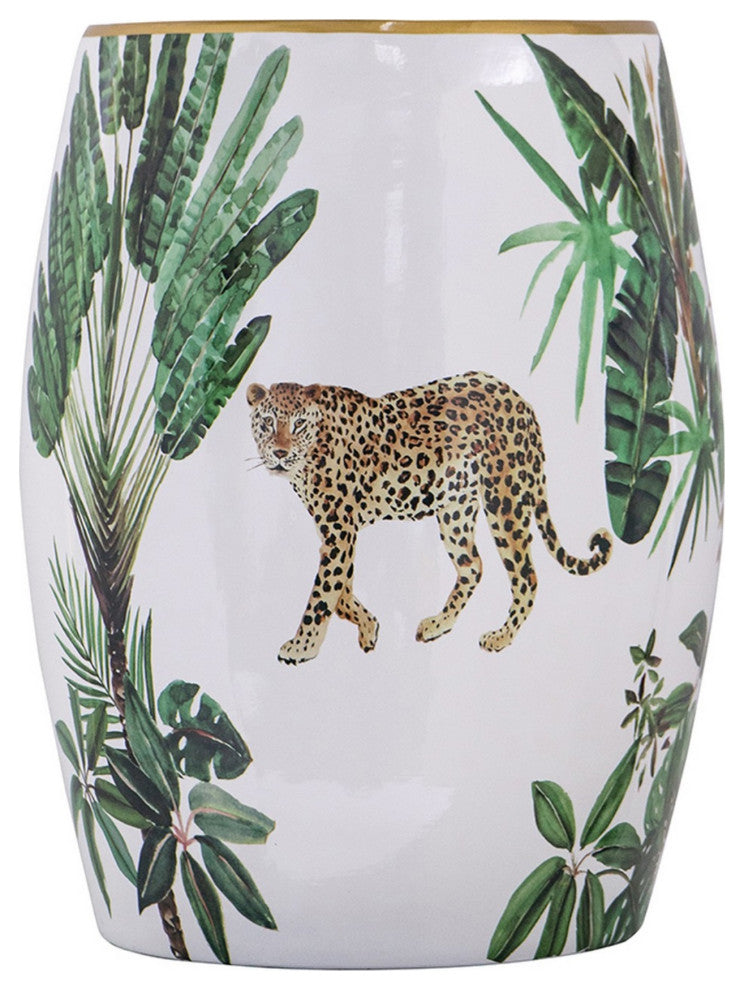 18 Inch Ceramic Accent Table, Drum Shape, Tropical Print, White, Green
