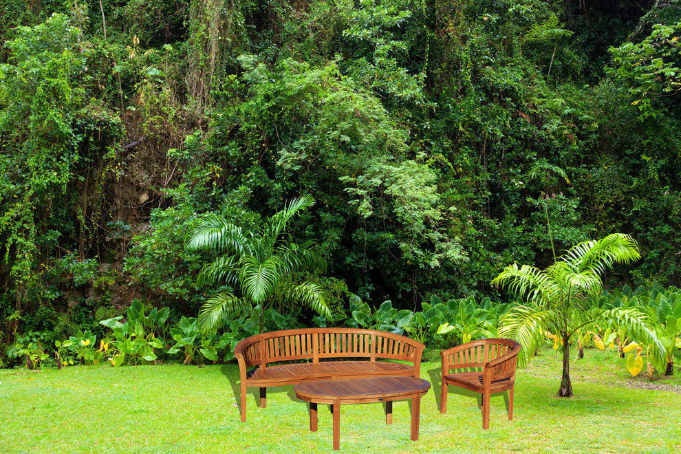 Teak Wood Peanut 3-Piece Patio Lounge Set, Triple Bench, Chair and Coffee Table