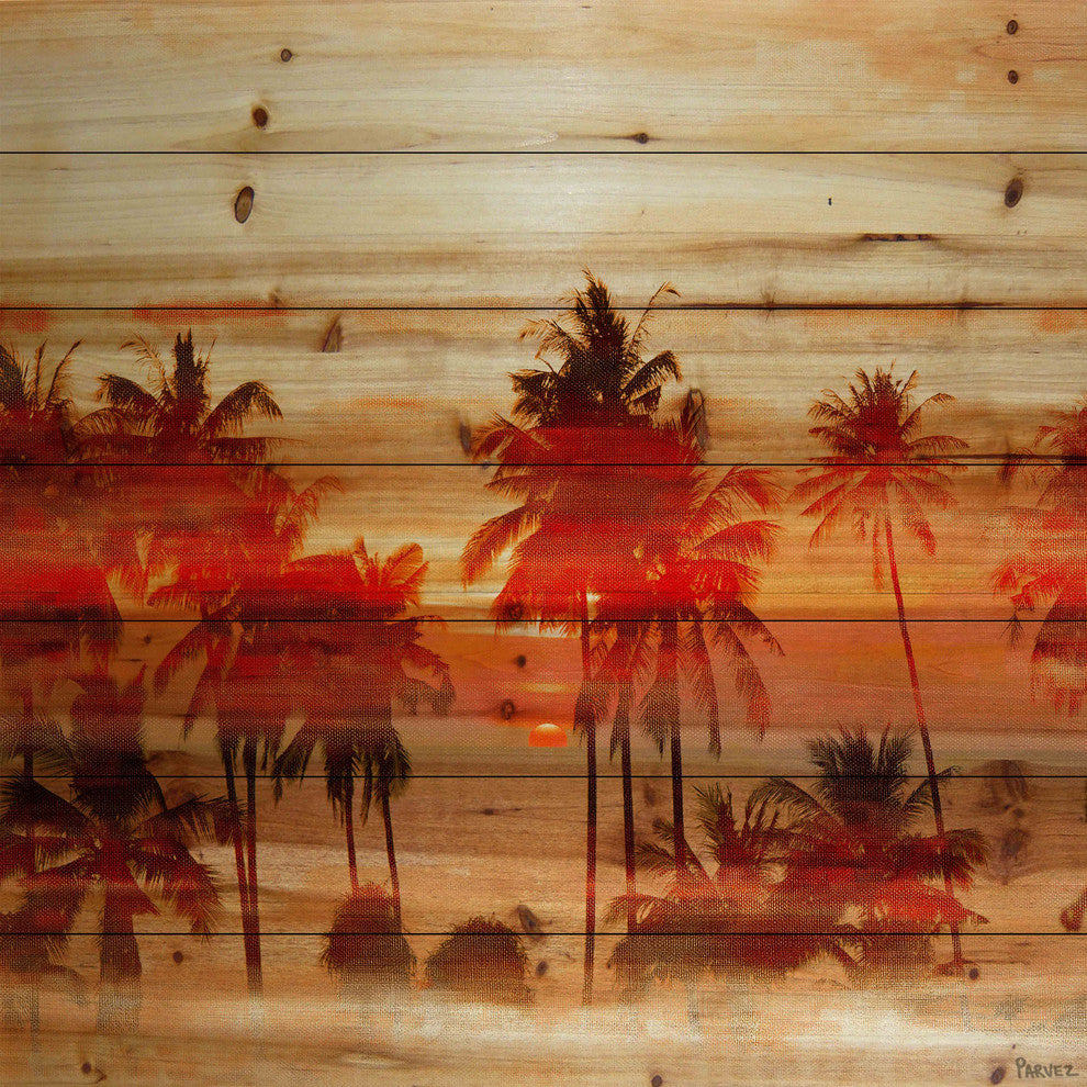 "Crimson Palms" Print on Natural Pine Wood, 32"x32"