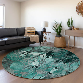 Premium Machine Washable Mayfield AMF558 Teal 8' x 8' Round Rug