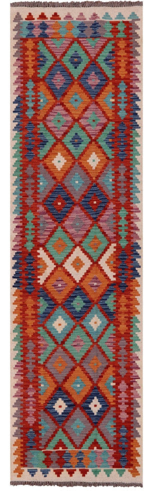 2' 8" X 9' 7" Runner Reversible Kilim Flat Weave Wool On Wool Rug - Q12561