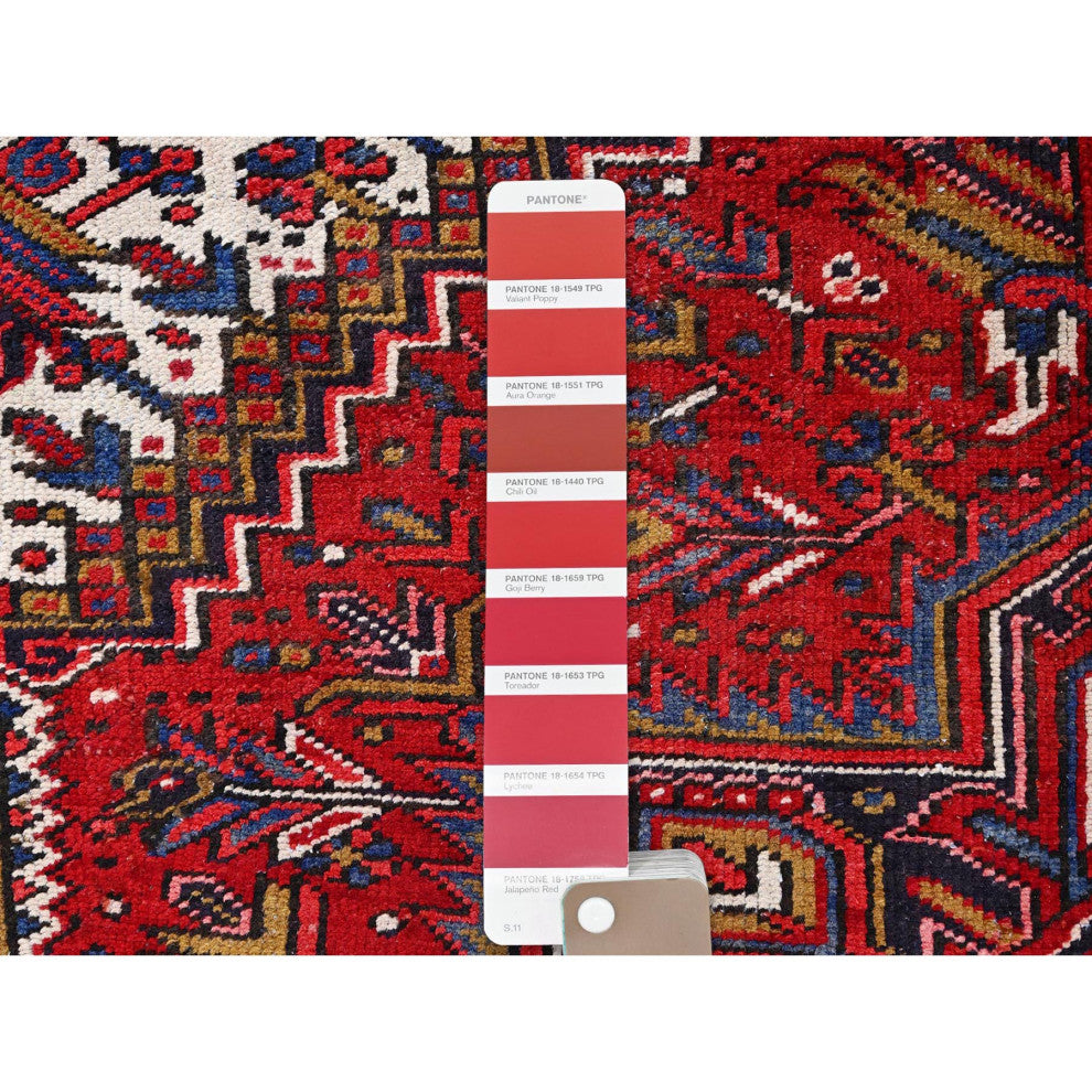 Carmine Red Vintage Persian Heriz Pure Wool Hand Knotted Oriental Rug 7'8"x11'