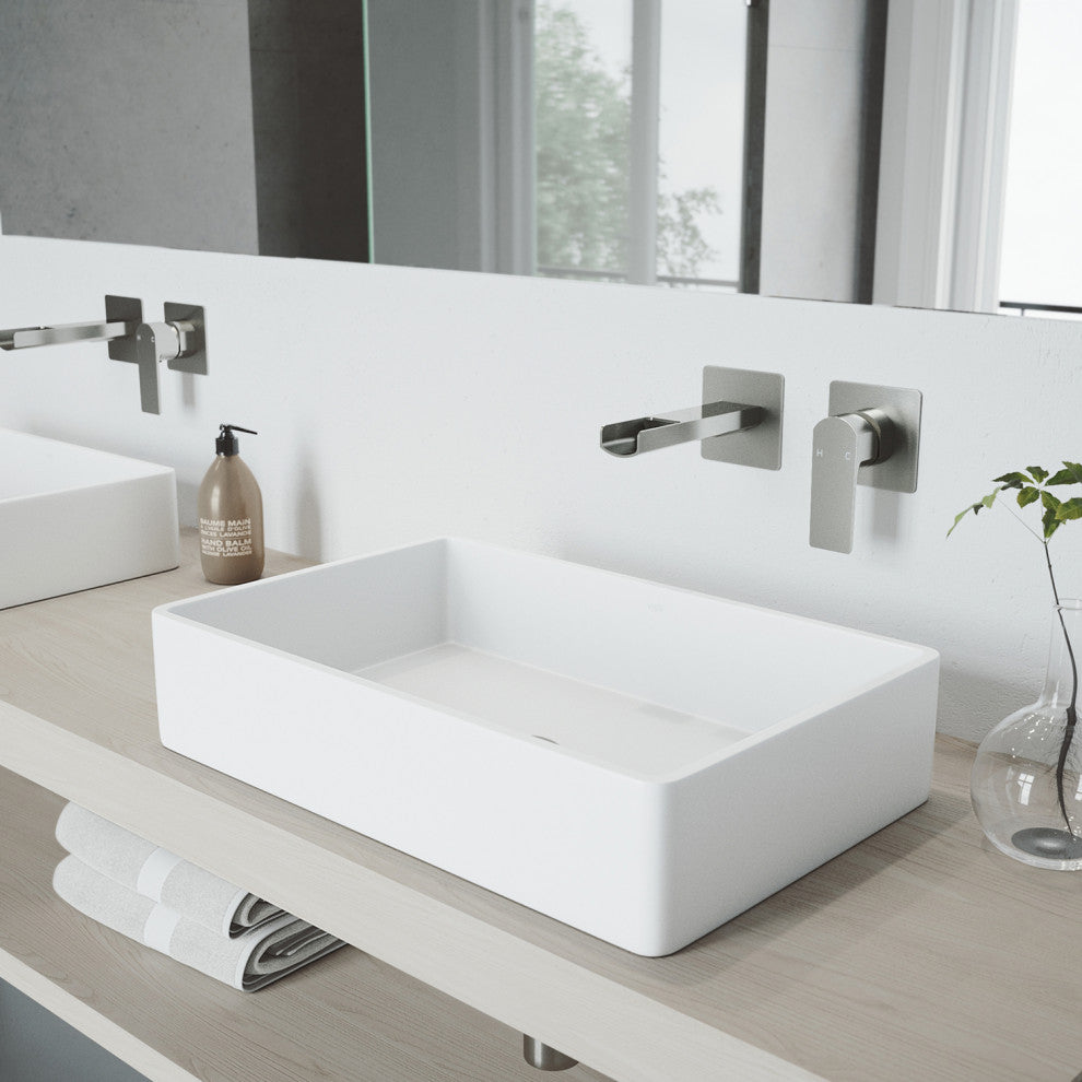 VIGO Atticus 5" H Single Handle Wall Mount Bathroom Faucet, Brushed Nickel