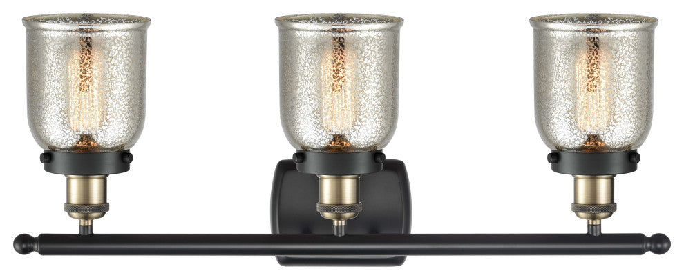 Small Bell 3 Light Bath Vanity Light, Black Antique Brass, Silver Plated Mercury