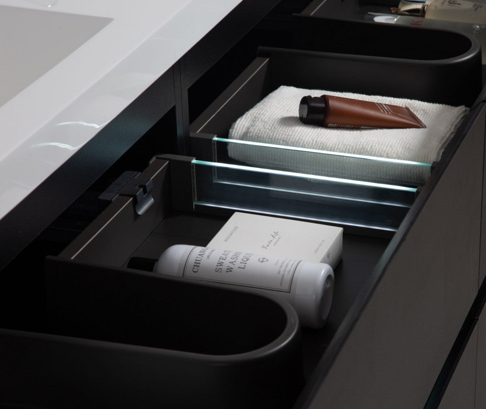 Aurora Wall Mount Vanity, White Acrylic Top, Matte Midnight Black, 60" Double