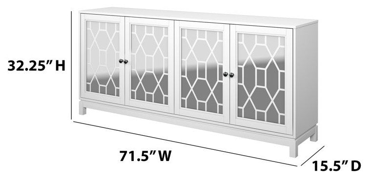 Contemporary Sideboard, Glamorous Mirrored Doors With Geometric Accents, White