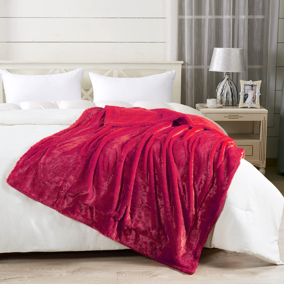Plain Faux Fur Throw Blanket, Chili Pepper, 60"x80"
