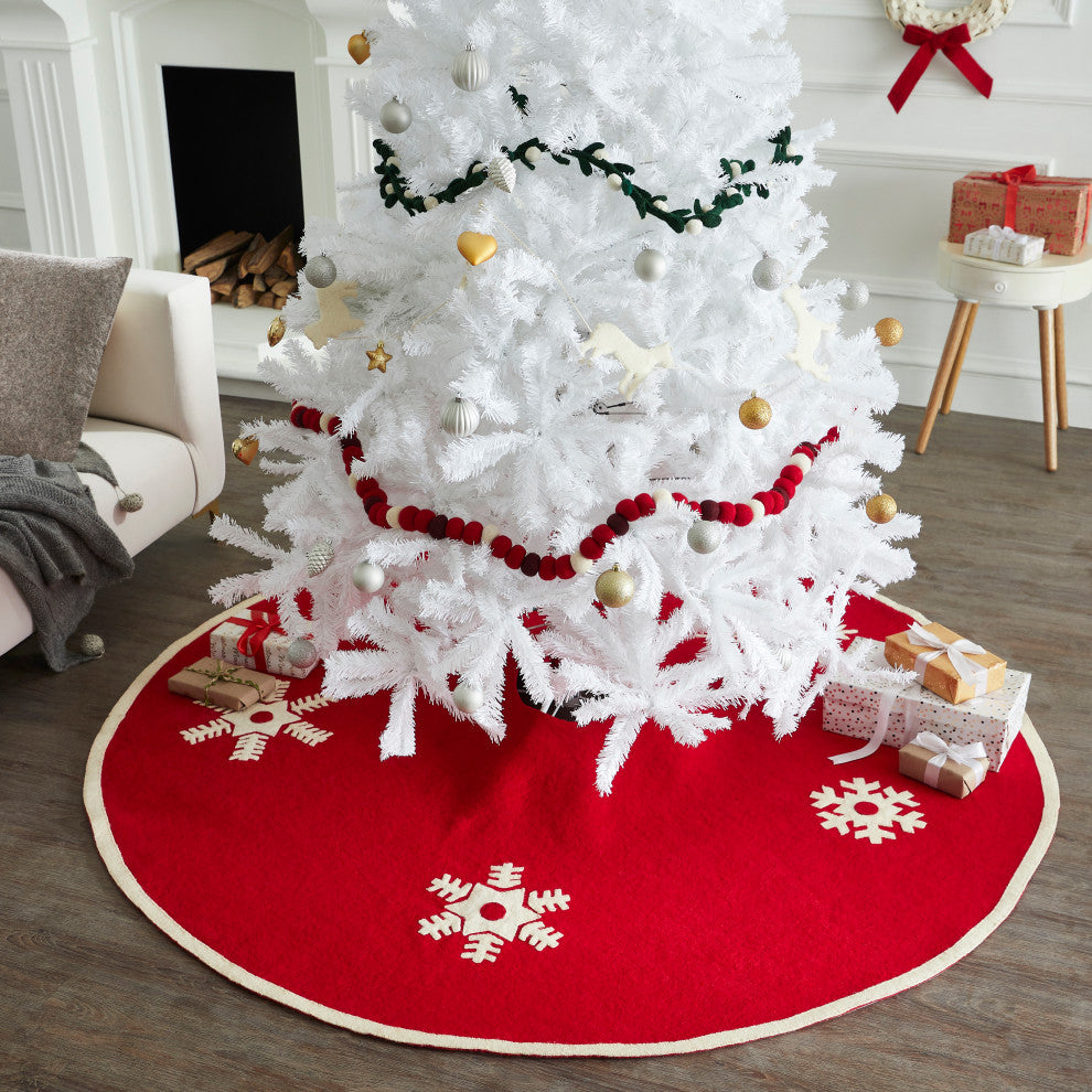 Handmade Christmas Tree Skirt in Felt - Snowflakes on Red -72"
