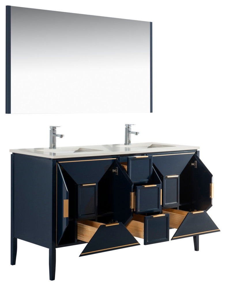 Vetro 60" Vanity With Quartz Counter Top, Gloss White, Navy Blue