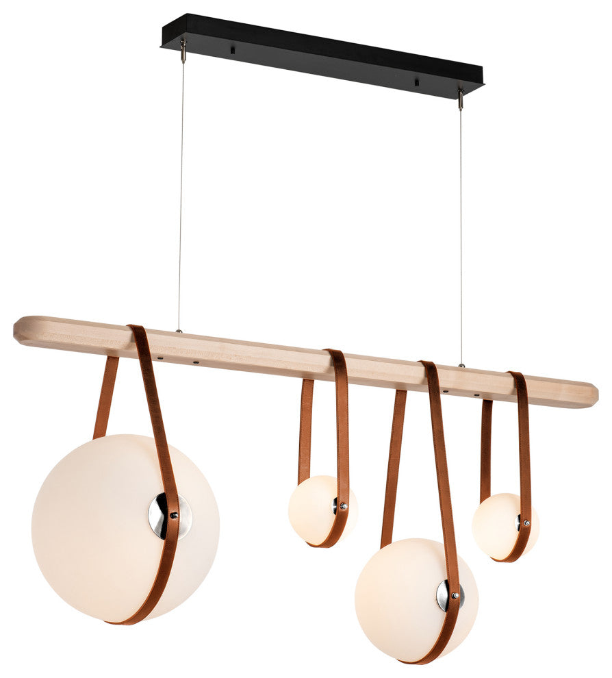 Derby Linear 4-Light LED Pendant, Polished Nickel, Chestnut Leather, Maple