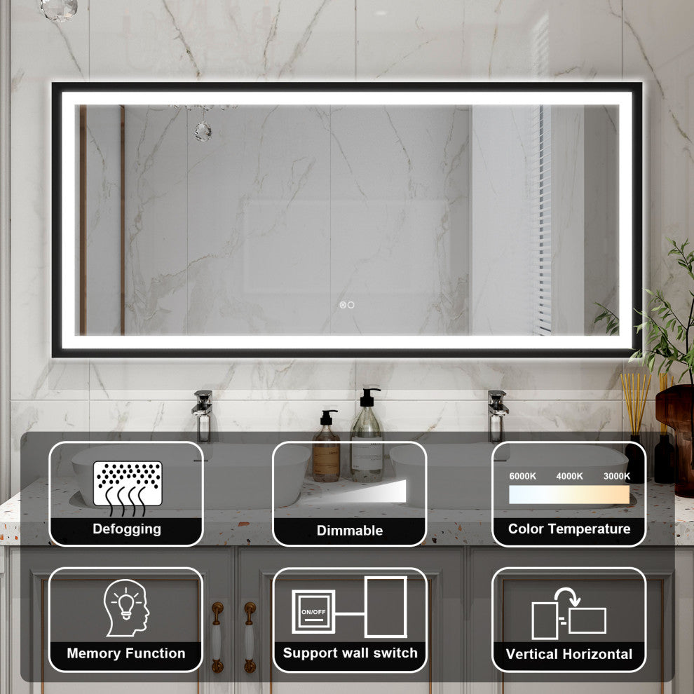 Beveled Bathroom LED Mirror Framed, Backlit and Front Light, Matte Black, 60"x28"