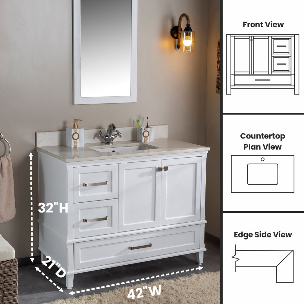 Nera Collection 42" Bathroom Vanity With Sink, Mirror, Countertop, White