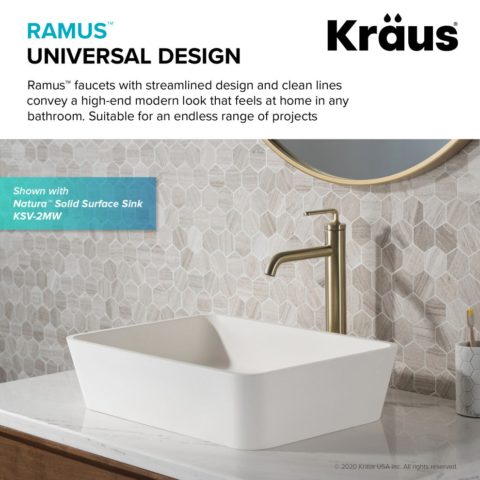 Kraus Ramus Single Handle Vessel Faucet, Pop Up Drain, Brushed Gold