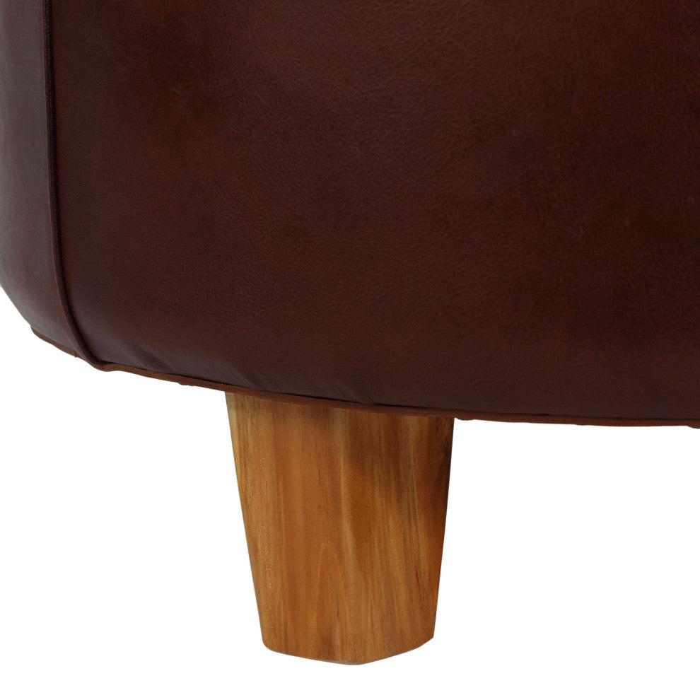 Bare Decor William Genuine 100% Leather Round Ottoman, Brown