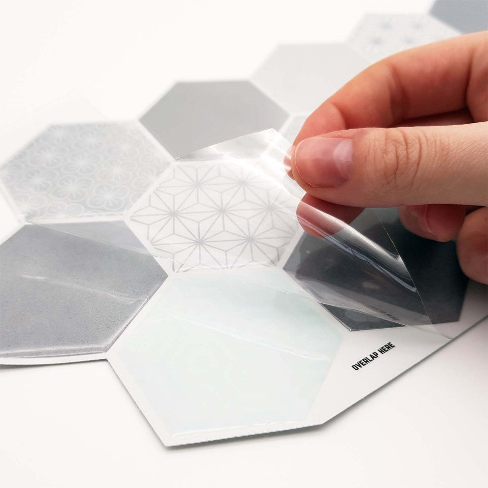 12"x6" Honey Hexa Grey Glossy 3D Tile Stickers, Set of 12