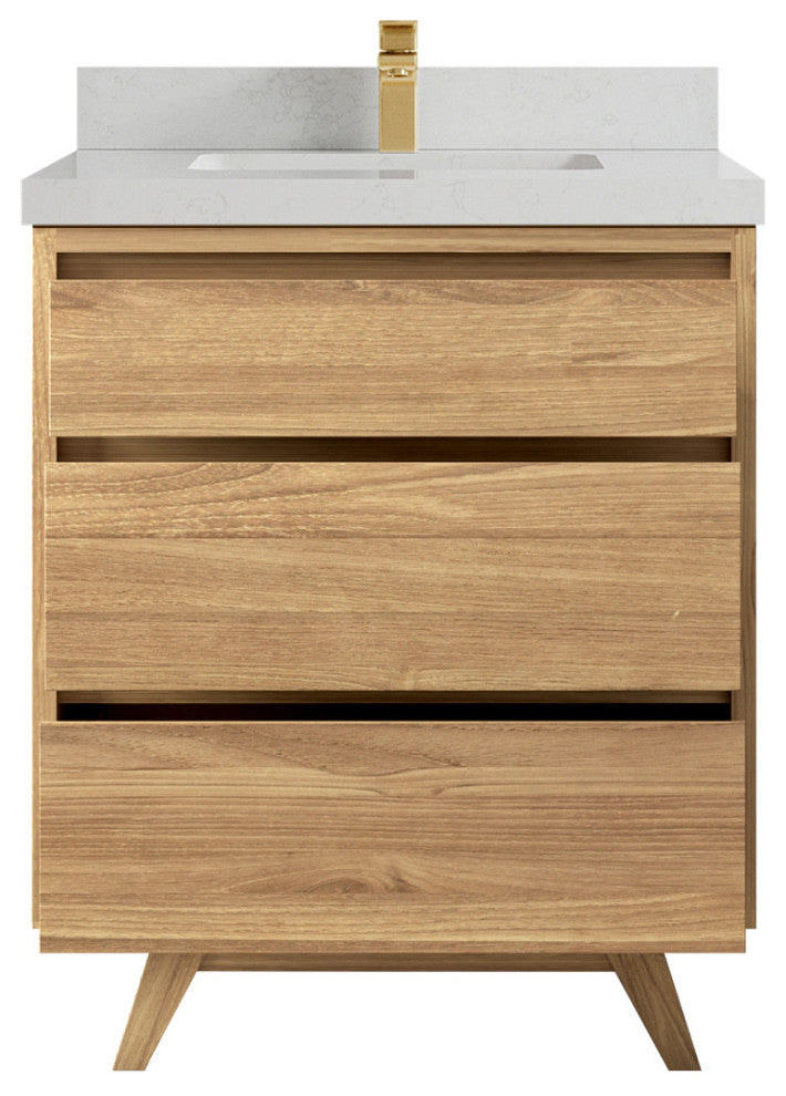 Madison Teak 30 Single Sink Bath Vanity in Light Natural 2" Carrara Quartz