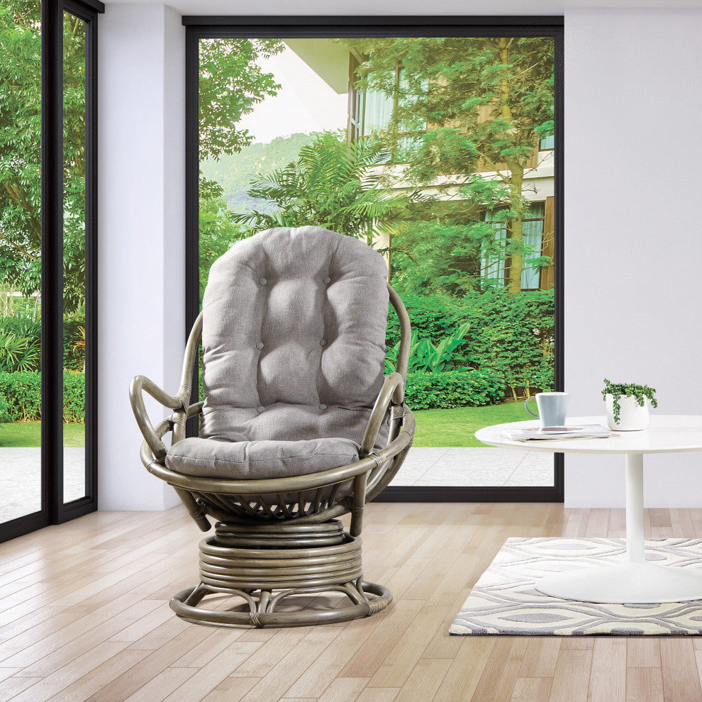 Tahiti Rattan Swivel Rocker Chair, Gray Fabric With Gray Frame