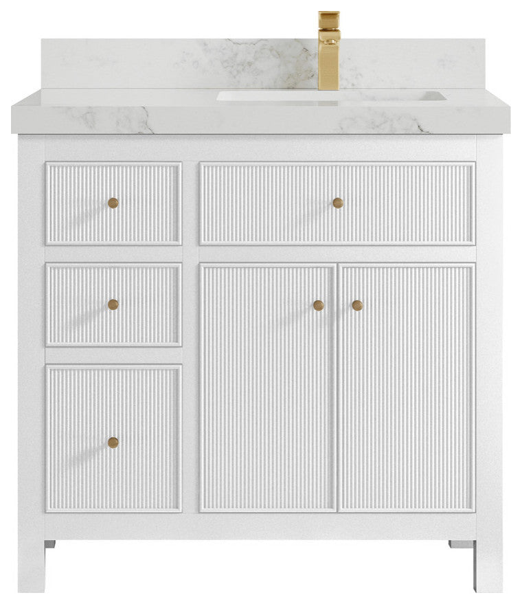 Sonoma 36 Right Offset Reeded  Bath Vanity in White 2" Calacatta Nuvo