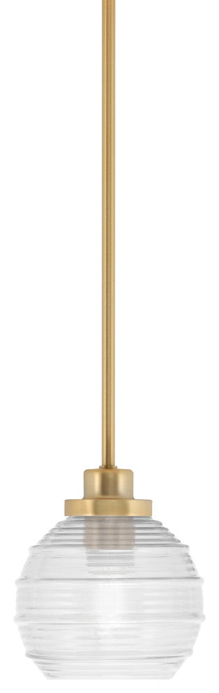 Odyssey Stem Hung Mini Pendant, New Age Brass Finish, 6" Clear Ribbed Glass