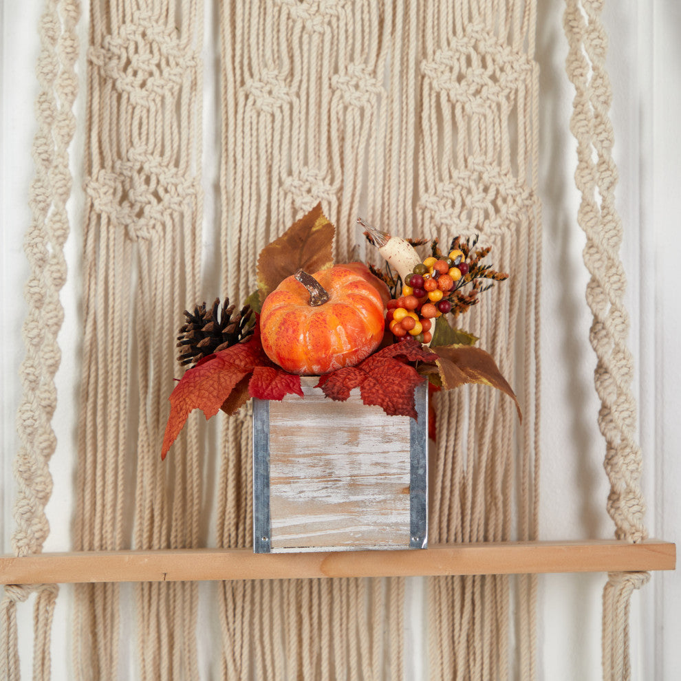 8" Fall Pumpkin, Gourd, Berries & Pinecones Faux Arrangement Natural Washed Vase