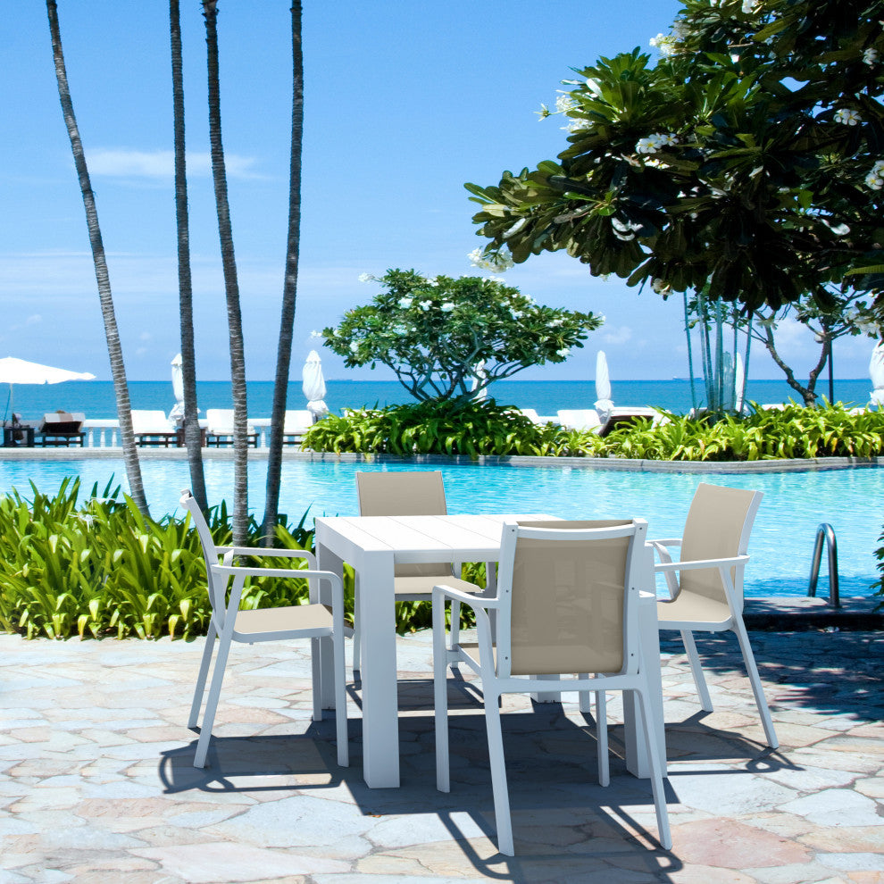 Pacific 5 Piece Dining Set, Extension Table and Arm Chairs White Frame Taupe