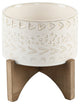 5" Caveman Ceramic Planter On Wood Stand, Ivory