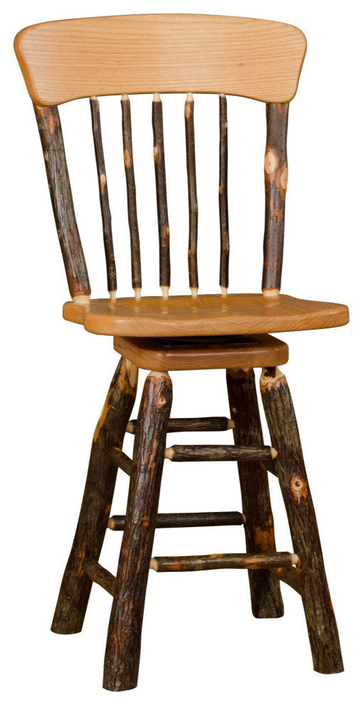 Hickory Log Swivel Barstool with Oak Back, Hickory & Oak, 24 Inch, No Arms