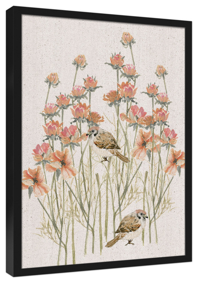 Birds, Flowers Peach Framed Canvas 20x30 Black Framed Canvas