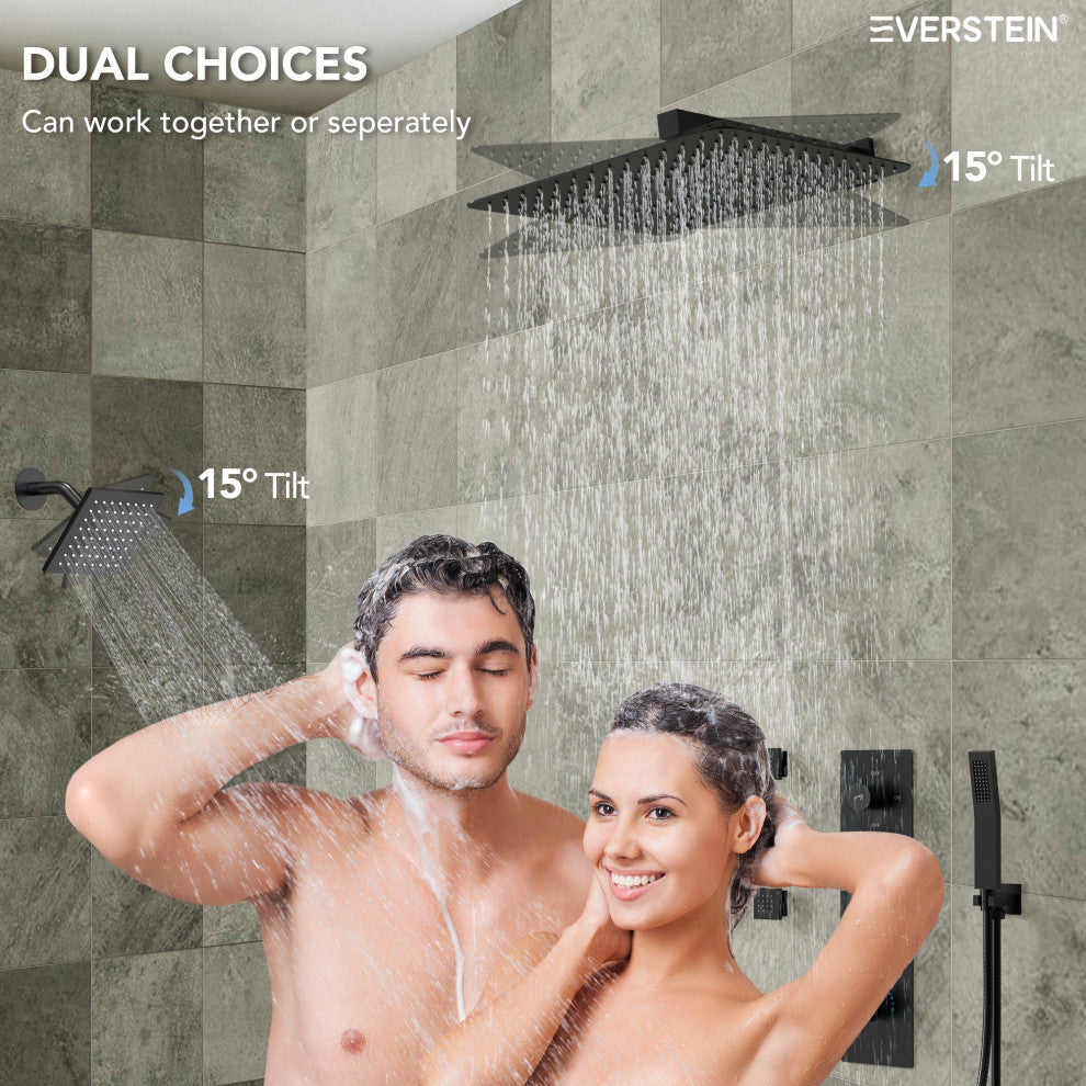 Dual Heads 16" Thermostatic Shower System With Hand Shower, Matte Black