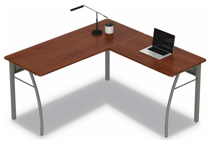 Modern Desk, L-Shaped Design With Metal Legs & Wooden Top, Cherry/Gray