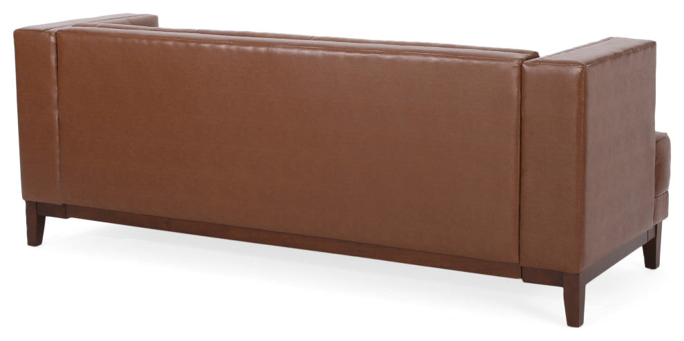 Stefan Mid Century Faux Leather Tufted 3 Seater Sofa, Cognac + Espresso