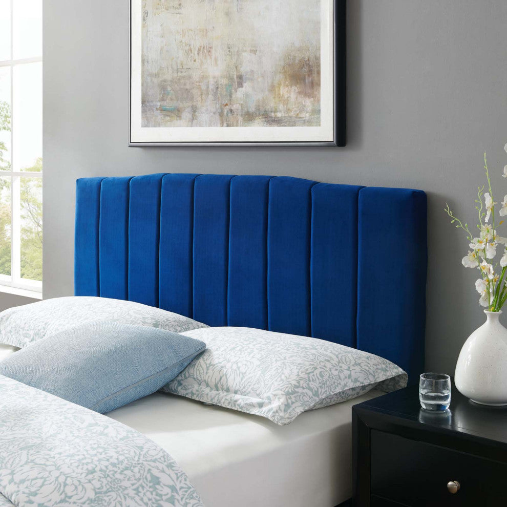 Tufted Headboard, Full Queen Size, Velvet, Blue Navy, Modern Contemporary