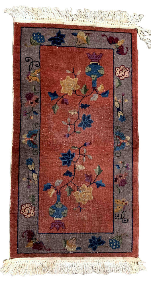 Handmade Antique Art Deco Chinese Rug 2.1'x4.3', 64cmx131cm 1920s