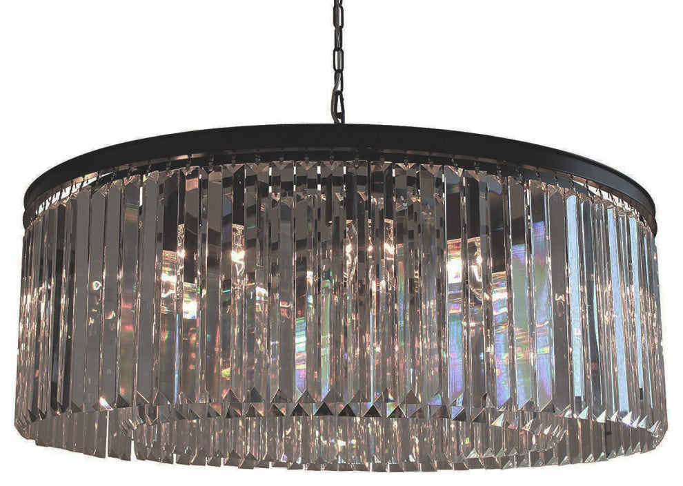 12 Light Round Clear Glass Fringe Crystal Prism Chandelier, Smoke Glass