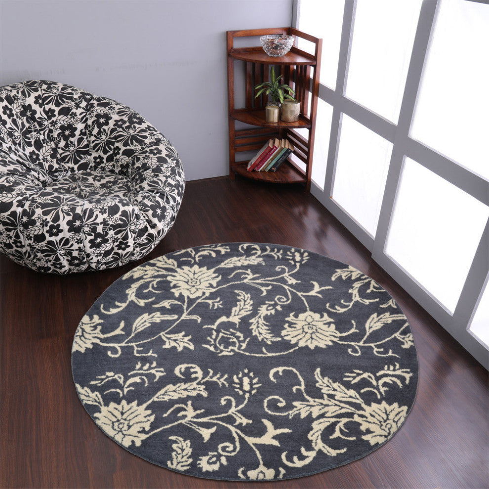 HAND TUFTED WOOL ECO-FRIENDLY AREA RUGS - Round,Charcoal Beige,Floral