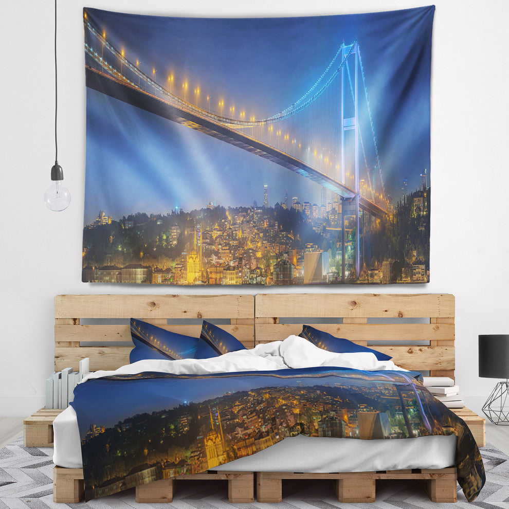 Bosphorus Bridge at Night Istanbul Landscape Wall Tapestry, 60"x50"