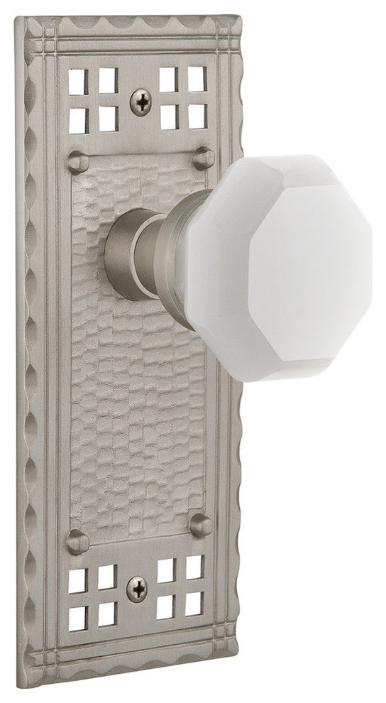 Craftsman Plate Privacy Waldorf White Milk Glass Knob, Satin Nickel