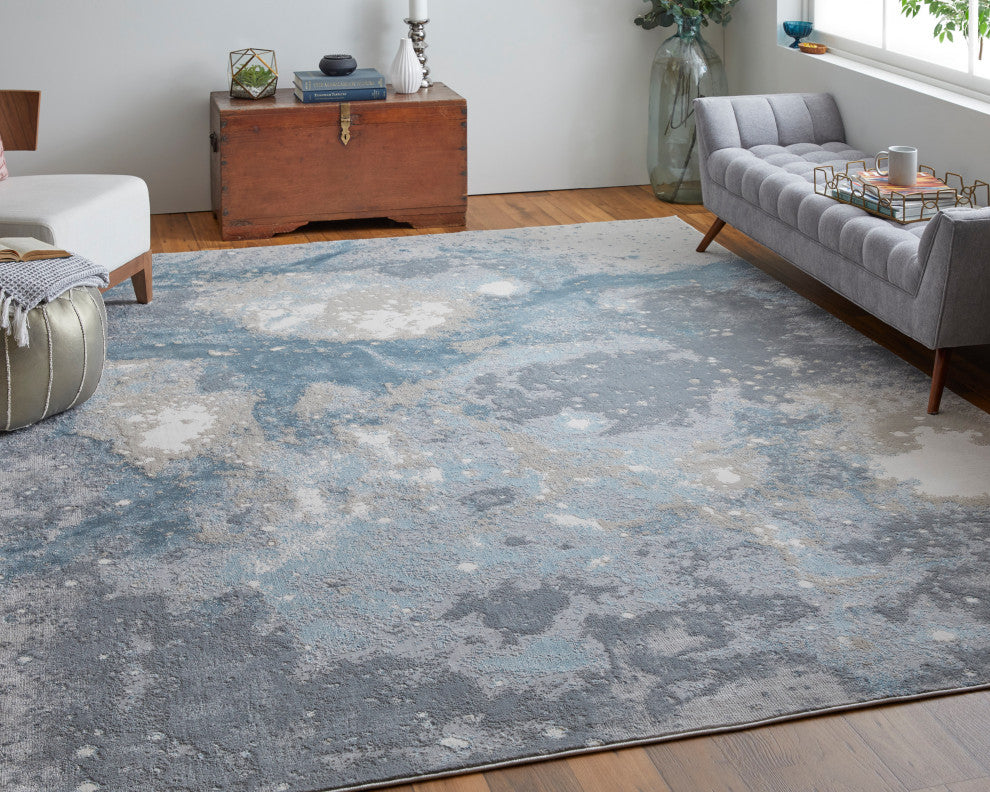 Oria Industrial Abstract Area Rug, Blue/Gray/Ivory, 10'x13'2"