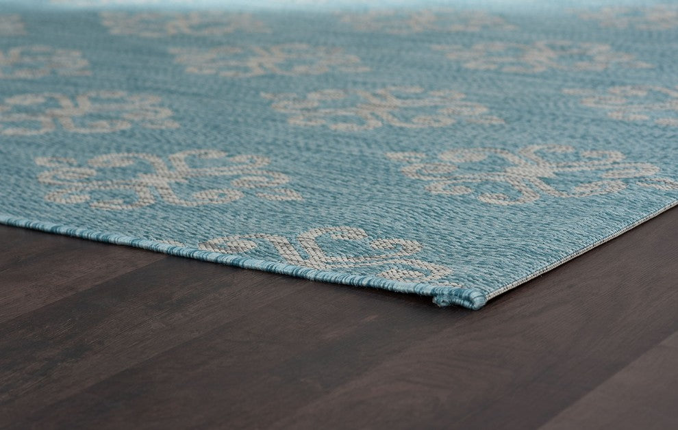 Vega Transitional Geometric Aqua Light Gray Indoor/Outdoor Runner Rug 3x8