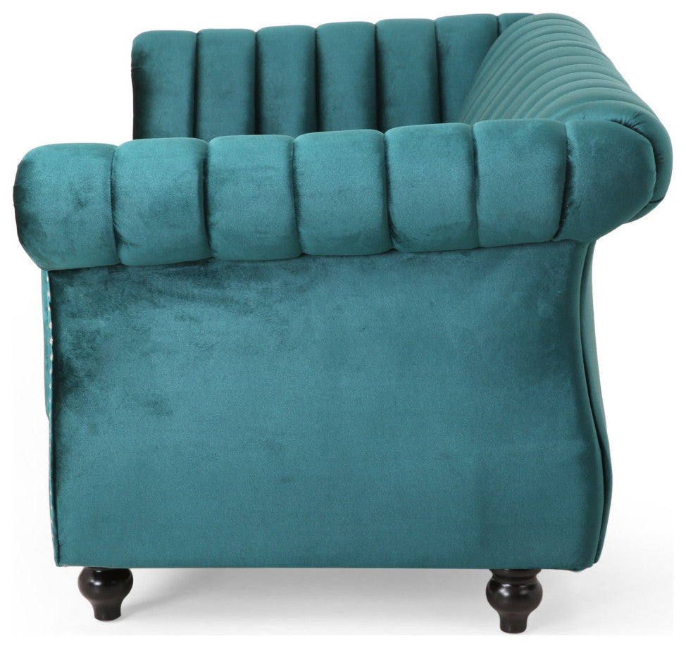 Bauman Modern Glam Channel Stitch Loveseat with Nailhead Trim, Teal + Dark Brown, Velvet