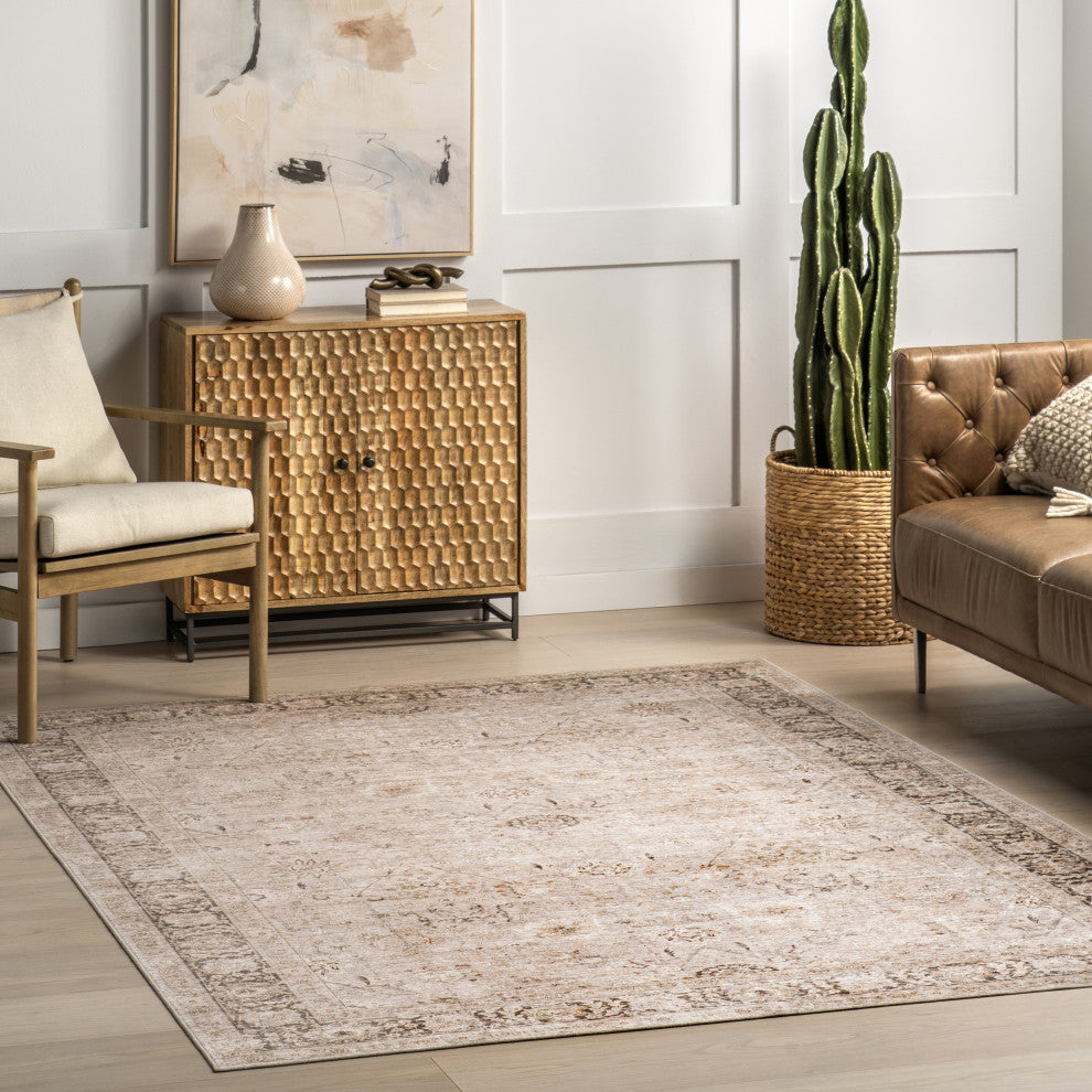Bayberry Spill Proof Vintage Machine Washable Area Rug, Sand 3'x5'