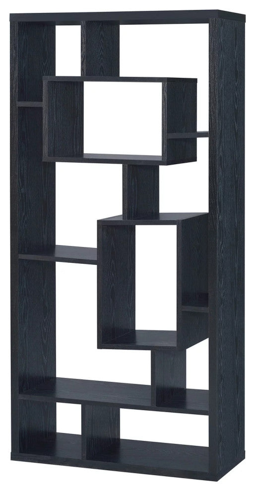 Modern Bookcase, Unique Geometric Cubed Asymmetrical Shelves, Black