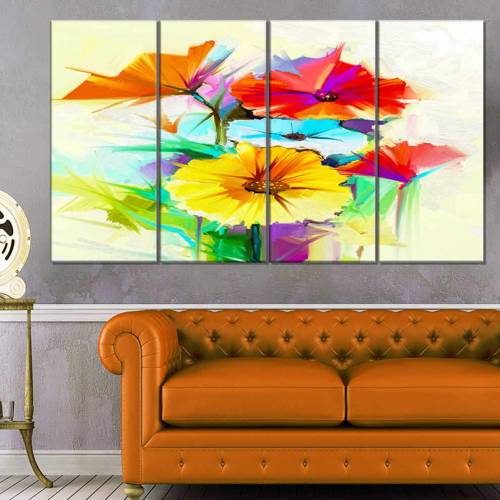 Colorful Gerbera Flower Sketch on White, Floral Canvas Print, 48"x28", 4 Panels