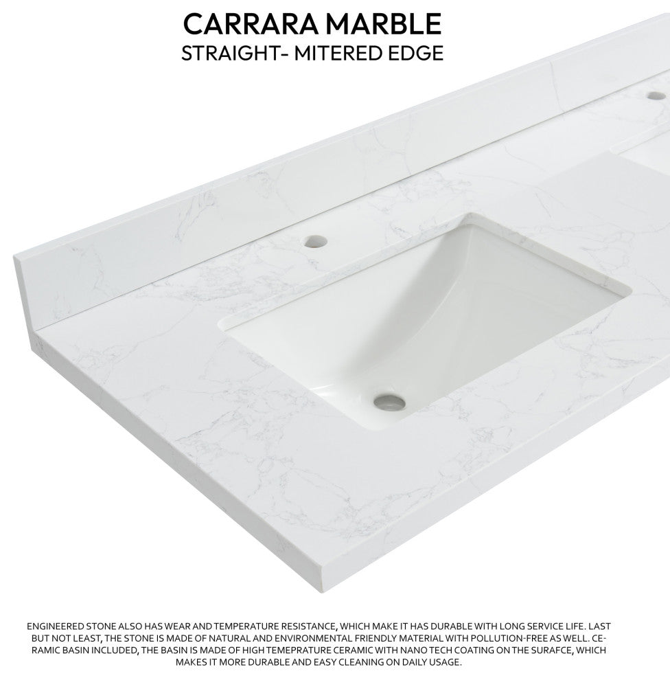 Malaga Composite Stone Vanity Top With Ceramic Sink, Grain White, 61"