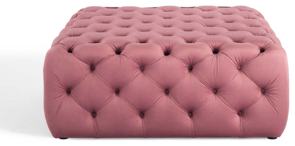 Tufted Accent Chair Ottoman, Square, Velvet, Pink, Modern, Lounge Hospitality