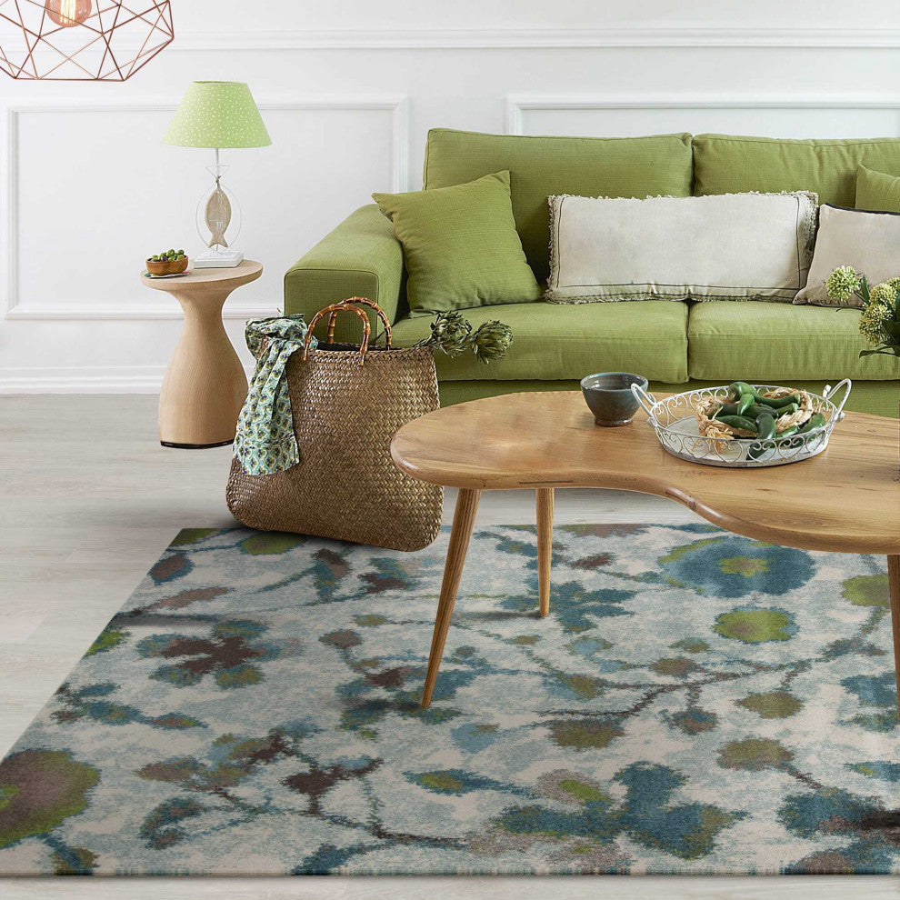 HomeRoots 10'x13' Teal Blue Machine Woven Floral Indoor Area Rug