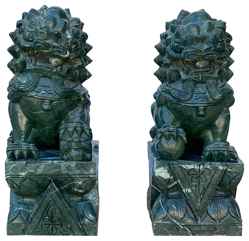Pair Chinese Green Stone Fengshui Fortune Foo Dog Lion Display Figures Hws1642