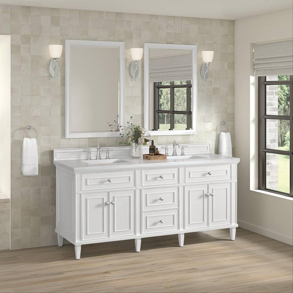 Lorelai 72" Double Vanity, Bright White, 3 CM Arctic Fall Solid Surface Top