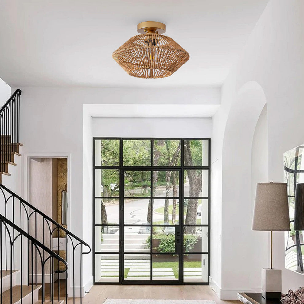 Farmhouse Brown Paper Rope Hand-Woven Semi Flush Mount Ceiling Light