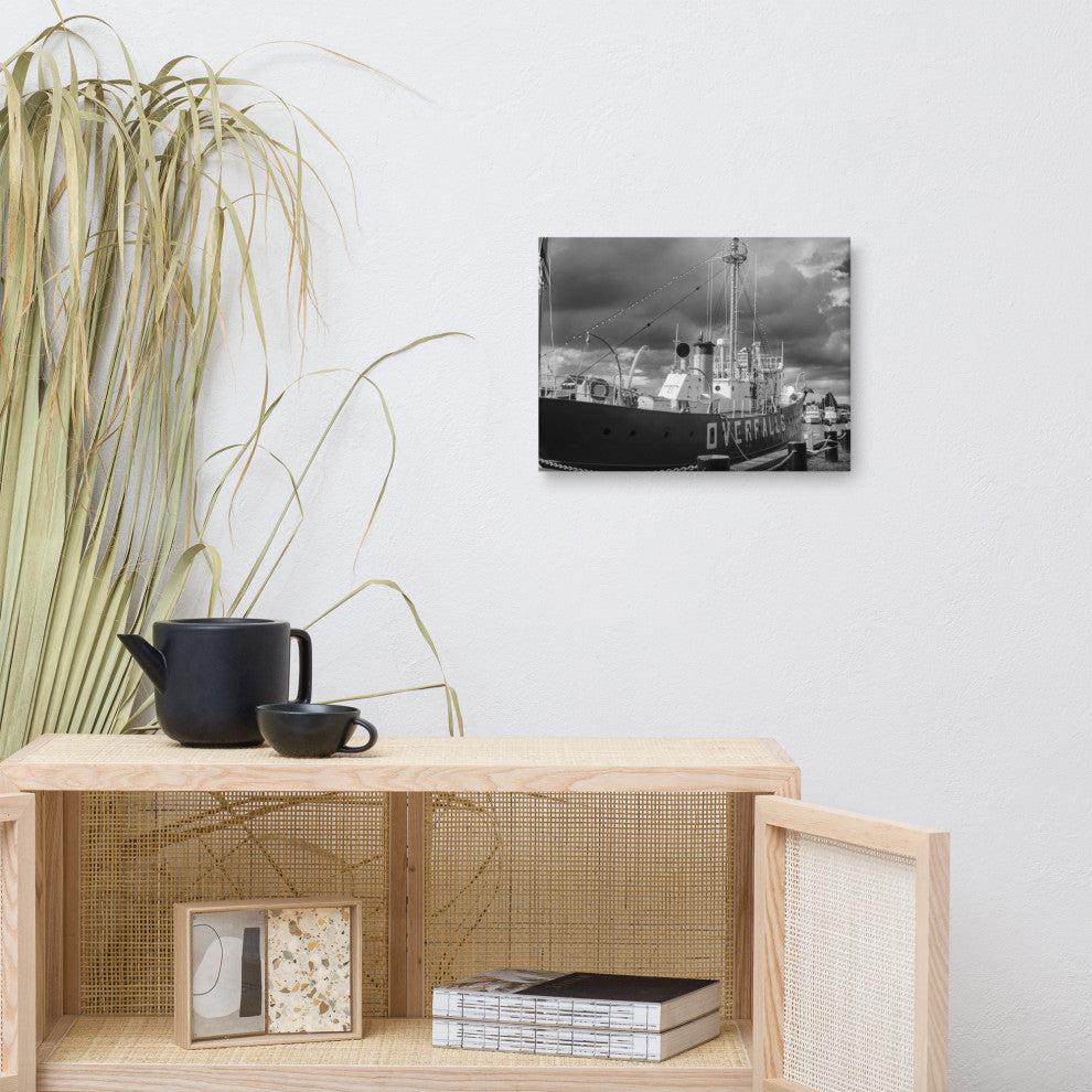 Overfalls Lightship Black & White Photo Canvas Wall Art Print, 12" X 16"